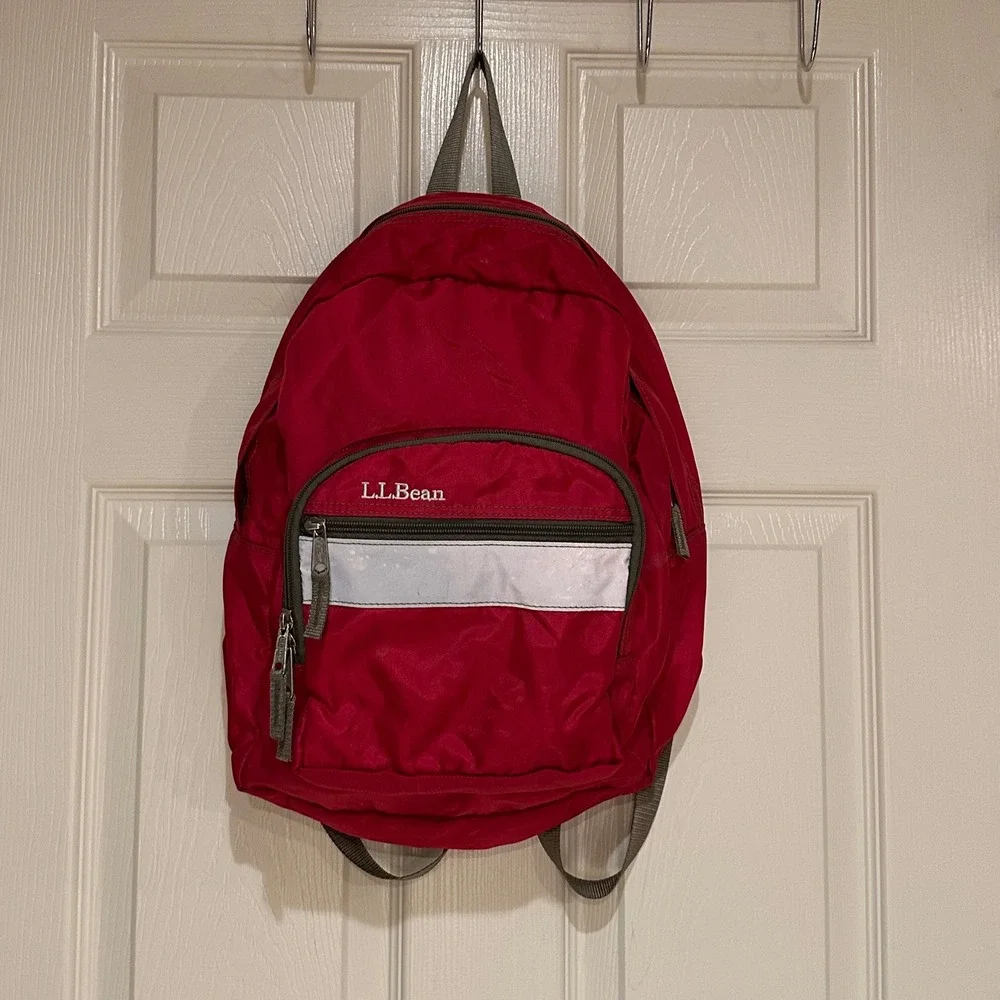LL Bean Red Nylon Backpack Reflective Strip School Hiking Bag Mens